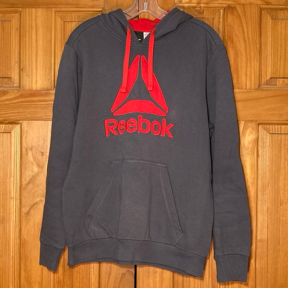 EUC Reebok Large Logo Hoodie Hooded Sweatshirt Gray Red Men's M Medium